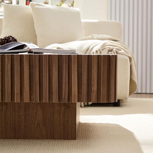 JUSTONE 35-inch Mid-Century Modern Drum Coffee Table, Handcrafted Wood Round Center Table for Living Room, Home Office, Walnut - color: 35.43'' - Walnut-1