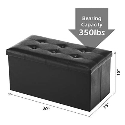 Youdesure 30" Ottoman with Storage, Folding Faux Leather Bench, Black | Foldable ottoman with hidden storage, padded seat and sturdy MDF frame for everyday use. - color: Black