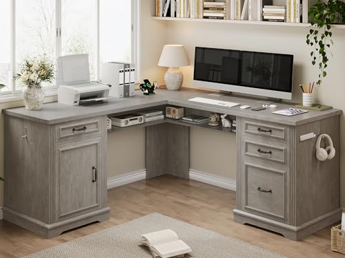 Farmhouse L Shaped Executive Desk with 4 Drawers, Home Office Desk with Hidden Under-Desk Storage Shelf and Charging Station, File Cabinet Storage, Wood Corner Computer Desk for Work and Study(Grey) - color: Grey