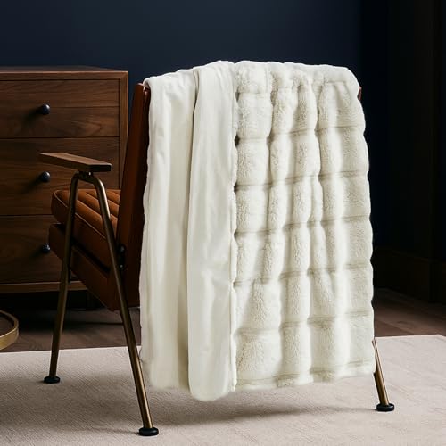 Cozy Bliss Deluxe Sheared Rabbit Faux Fur Throw Blanket, Soft Fuzzy High-Low Sculpted Plush Blanket for Couch, Cozy Home Accent, All Season Use, Beige 50"x60" - color: Stripe - Beige, size: Throw(50" x 60")