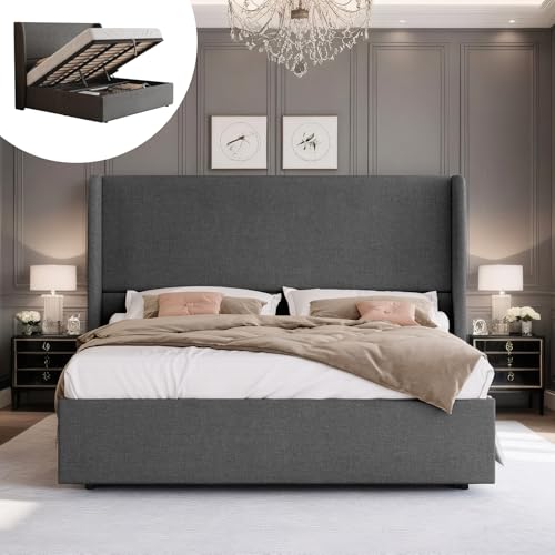 King Size Lift Up Storage Bed Frame with 51.2" Wingback Headboard, Linen Upholstered Platform Bed, Hydraulic Support System, Reinforced Metal Structure, No Box Spring Needed, Dark Grey - color: Dark Grey, size: King (U.S. Standard)
