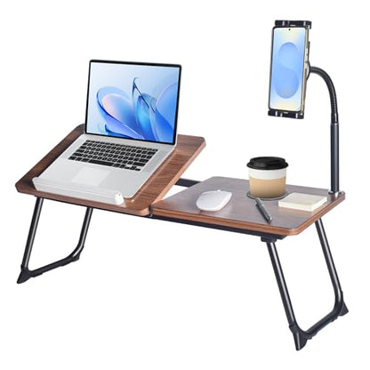 wishacc 28.7" Extra Wide Laptop Lap Desk for Bed and Sofa, Adjustable Bed Desk with Flexible Phone & Tablet Mount, Portable Black Lap Tray Table for Floor Couch Work, 2 Book Clips Included - size: Large