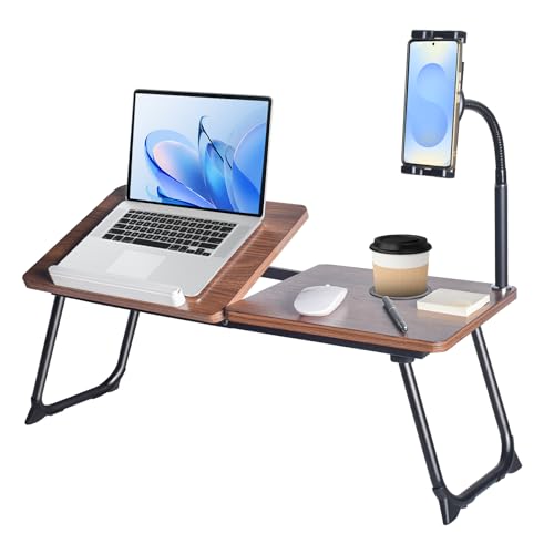 wishacc 28.7" Extra Wide Laptop Lap Desk for Bed and Sofa, Adjustable Bed Desk with Flexible Phone & Tablet Mount, Portable Black Lap Tray Table for Floor Couch Work, 2 Book Clips Included - size: Large