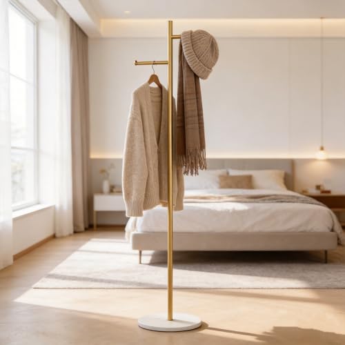 Gold Metal Bag Hanger, Freestanding Clothes Rack with 2 Hanging Rods, Corner Coat Stand for Bedroom Living Room Entrance - color: A8