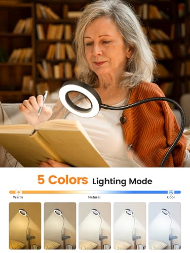 10X Magnifying Glass with Light,5 Colors+10 Brightness Magnifier with Light | 750 Lumen Magnifying Lamp, 58 LED Clip on Reading Lights for Books in Bed, Clip on Lamp for Desk/Headboard/Nail/Craft/Puzzle