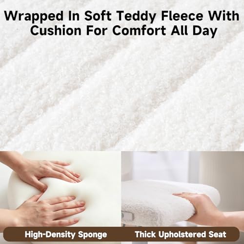 Office Chair Vanity Chair with Wheels | Comfy Desk Chair with Back | Cute Teddy Armless Adjustable Swivel Chair | Small Vanity Stool | for Bedroom Home Computer Task | White - color: White