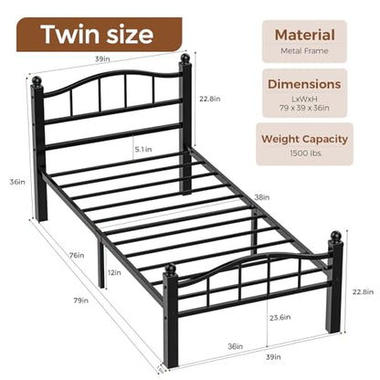 Metal Twin Bed Frames Set of 2 | Noise-Free Design, 12" Underbed Storage, Heavy Duty with Headboard, No Box Spring Needed, Tool-Free Assembly - color: Twin Set of 2 Black