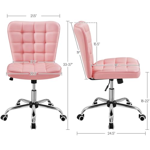 Yaheetech Pink Tufted Armless Office Desk Chair with Wheels, Faux Leather | Thick foam cushioned seat tilts back to relax, lifts 18-22 in, spins 360 degrees, holds 300 lb, and assembles with ease. - color: Pink