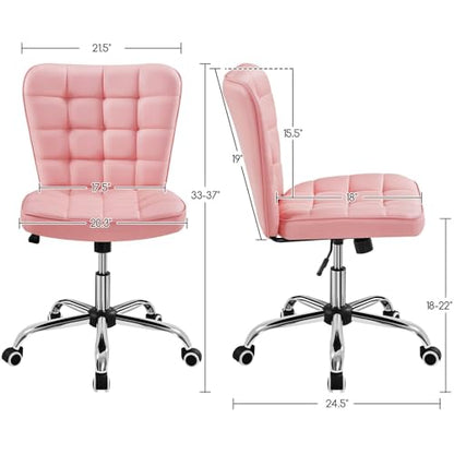 Yaheetech Pink Tufted Armless Office Desk Chair with Wheels, Faux Leather | Thick foam cushioned seat tilts back to relax, lifts 18-22 in, spins 360 degrees, holds 300 lb, and assembles with ease. - color: Pink