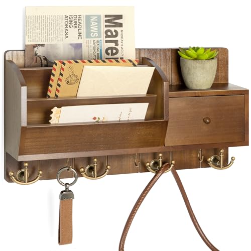Rebee Vision Key Holder Wall Mount with 7 Hooks for Entryway,Brown & Golden | Mail and Key Organizer for Wall, Sorts Letters and Files, Keeps Small Items Organized, Key Hanger, Ideal for Home Decor - color: Brown&Golden Hooks