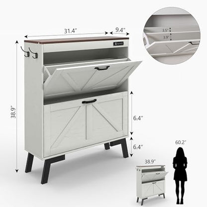 Shoe Storage Cabinet with Deodorizer, Narrow Entryway Storage, Anti-Tip | Deodorizer with 4 Modes , 2 Flip Drawers , Adjustable Shelves , Narrow White Design , Anti-Tip Kit , 9.4"D x 31.4"W - size: 38.9"H x 31.4"W x 9.4"D