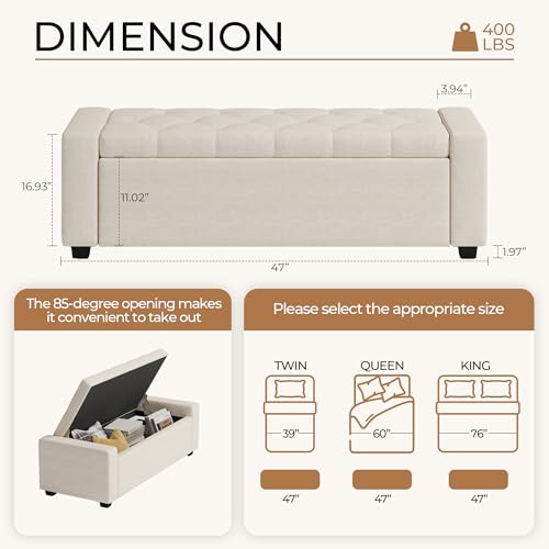 Ottoman with Storage Bench,Large Storage Ottoman Entryway Benches Ottoman Bench with Cushion and Safety Hinge - color: Beige