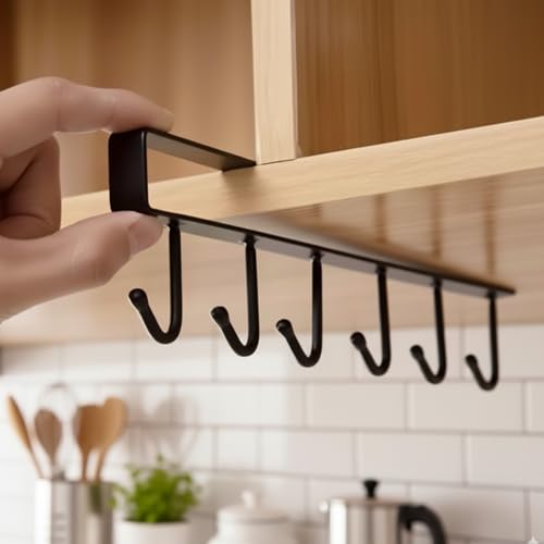 Coffee Mug Holder Under Cabinet, Clip-On No-Drill Coffee Cup Hooks, Self Adhesive Mug Holder Rack for Kitchen, Closet, Bathroom, Black, 6 Hooks - color: Black, size: 6 Hooks
