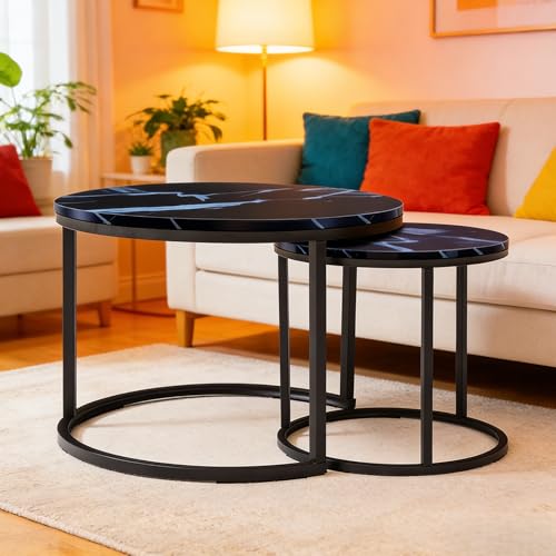 Nesting Side Tables, Coffee Table Set of 2 with Sturdy Metal Frame, Modern Industrial Simple Nightstand for Living Room Bedroom Apartment (Black) - color: Black