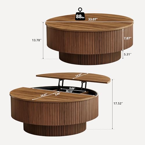 33" Round Coffee Table with Lift-Top & Flip-Top Storage, Modern Accent Fluted Coffee Tables with Metal Frame, Wooden Circle Center Table for Living Room Small Space Apartment Office (Walnut) - color: Walnut 33" Round Lift-top & Flip-top