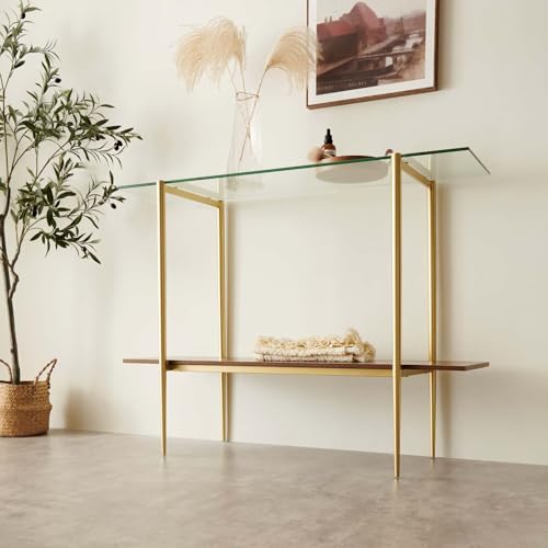 LumFurn Glass Console Table for Living Room, Foyer & Entrance, 2-Tiers Mid-Century Modern Sofa Table with Clear Glass Top, Walnut Finish Wood Top and Gold Finish Metal Frame - color: L40.9" Clear & Walnut