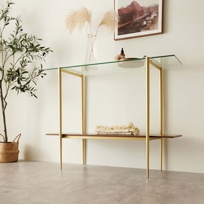 LumFurn Glass Console Table for Living Room, Foyer & Entrance, 2-Tiers Mid-Century Modern Sofa Table with Clear Glass Top, Walnut Finish Wood Top and Gold Finish Metal Frame - color: L40.9" Clear & Walnut