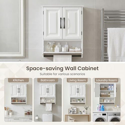 Bathroom Wall Cabinet, 25"x19" Farmhouse Wall Mounted Medicine Cabinet with 2 Raised Panel Doors, Adjustable Shelf & Towel Bar–Over Toilet Storage Organizer for Laundry Room, Entryway or Small Spaces - size: 7.09"D x 25"W x 19.29"H