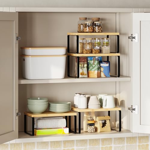 HOOBRO Cabinet Organizer Shelf, Set of 2 Kitchen Counter Shelves, Expandable Kitchen Storage, Stackable Bamboo Spice Rack, for Kitchen, Countertop, Office Desk, Bathroom, Natural and Black YB30TL01 - color: Natural, Black
