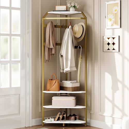IDEALHOUSE Gold Hall Tree with 6 Double Hooks，Entryway Storage Bench with Shelf, Corner Coat Rack with Shoe Bench，Wooden Hanger Stand for Jackets Hats and Shoes - color: Gold