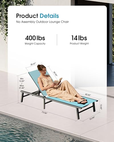 Aluminum Outdoor Lounge Chairs Set of 2- No Assembly Needed, Foldable Patio Chaise Lounge with 5 Adjustable Positions, Reinforced Frame for Extra Durability, Pool Beach Lounge Chairs, Lake Blue - color: Lake Blue-upgraded, size: 2 Packs