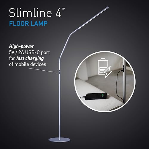Daylight Slimline 4 LED Floor Lamp - 6,000K, 3,200 Lux, 4 Brightness Levels, USB-C Port for Fast Charging - Sleek Design, Anti-Glare Shade, Flexible Height Adjustment - Ice Grey - color: Ice Grey, size: Floor Lamp, style: Slimline 4