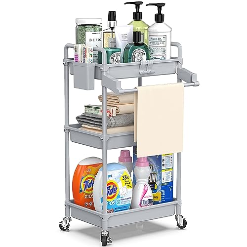 SPACEKEEPER Rolling Storage Cart, 3 Tier Utility Cart for Bathroom, Grey | Rolling Cart with Lockable Wheels, Towel Rack, Hooks & Cup for Laundry Room,Kitchen,Office, Snack,Craft,Art,Makeup,Nail,Toys - color: Grey, size: 3-Tier