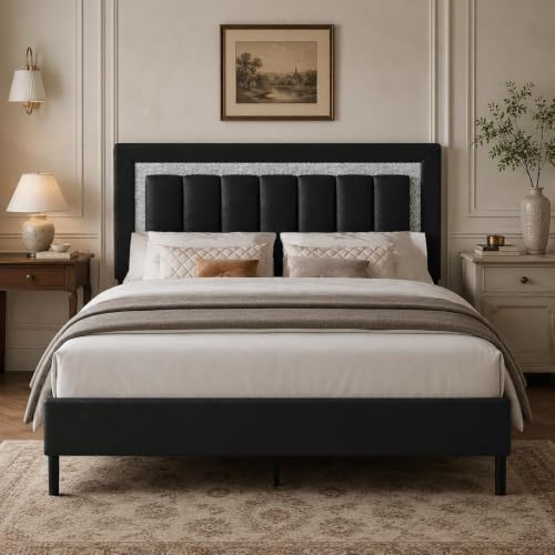 HOMBCK Full Bed Frame with Diamond Headboard, Black Upholstered Full Size Bed Frame with Wooden Slats Support, Diamond Vertical Stripe Design, Mattress Foundation, No Box Spring Needed, Black - color: Black, size: Full