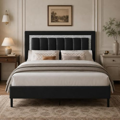 HOMBCK Full Bed Frame with Diamond Headboard, Black Upholstered Full Size Bed Frame with Wooden Slats Support, Diamond Vertical Stripe Design, Mattress Foundation, No Box Spring Needed, Black - color: Black, size: Full