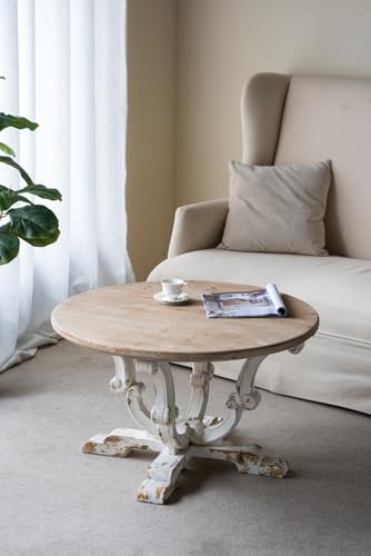 31.5" Round Solid Wood Coffee Table for Farmhouse Living Room | Retro Wooden Center Table with Distressed White Finish & Scrollwork Legs, Circle Tea Table, Easy Assembly, Antique White - color: B-31.5" Antique White