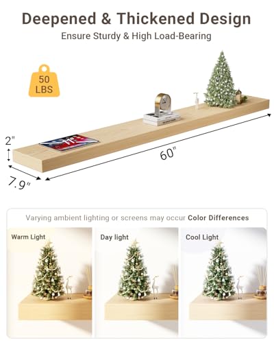 60 inch Long White Oak Floating Shelves for Wall, 8in Deep, Set 2 | 2" Thick Wood Wall-Mounted Shelf, Fireplace Mantel, Bathroom Bedroom Kitchen Living Room, Heavy Duty Bracket, 50LBS Capacity - color: White Oak, size: 60 x 7.9 x 2 (2pc)