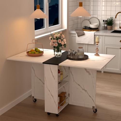 Folding Dining Table for 2-6, Easy Assembly, Stone Pattern+Black | 52.7" Folding Dining Table with 6 Wheels, Drop Leaf Table with Drawers, Shelves and Wine Rack for Small Spaces - color: Black