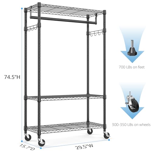 M MZG Heavy Duty Rolling Garment Rack 3 Tiers Adjustable Wire Shelving Clothes Rack with Rods and Side Hooks,Storage Closet Clothing Rack with Wheels Black 15.7" D x 29.5" W x 74.5" H - color: Black, size: 3 Tier with 1 rod, 15.7"D x 29.5"W x 74.5"H