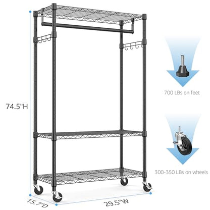 M MZG Heavy Duty Rolling Garment Rack 3 Tiers Adjustable Wire Shelving Clothes Rack with Rods and Side Hooks,Storage Closet Clothing Rack with Wheels Black 15.7" D x 29.5" W x 74.5" H - color: Black, size: 3 Tier with 1 rod, 15.7"D x 29.5"W x 74.5"H