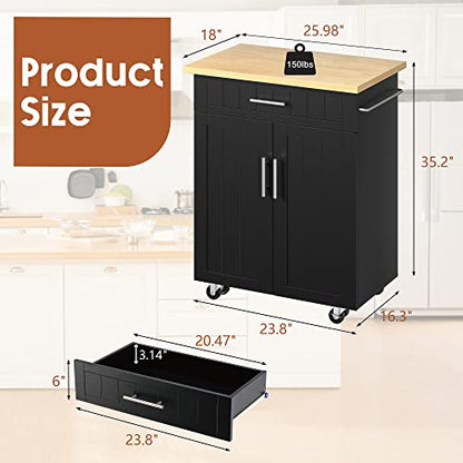JY QAQA 26" Kitchen Island on Wheels with Storage Cabinet Kitchen Cart Cabinet with Shelves, Cart Handle for Towel Rack or Free Mobility, Portable Islands for Kitchen,Black