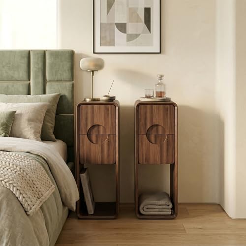 Narrow Walnut Nightstand Set of 2, Small Bedside Table with Circular Drawer, Mid Century Modern Night Stand, Slim Side End Table, Bedroom, Living Room, Wood, Skinny