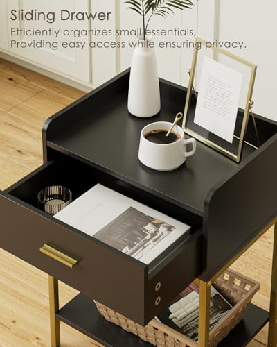 Masupu Nightstand,Bedside Table 3-Tier Modern Night Stand with Storage Drawer and Shelf,Small End Side Table for Bedroom,Living Room,Black (Without Outlet, Black) - color: Black