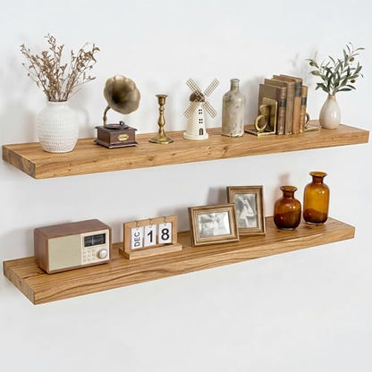 Dreamland 40 Inch Long Floating Shelves Set of 2, Rustic Solid Elm Wood Floating Shelf Wall Mounted, 8 Inch Deep Wooden Wall Shelves for Living Room, Bedroom, Bathroom, Kitchen, Natural - color: Natural, size: Flat Edge - 40"L