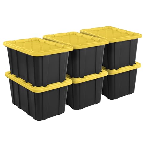 27 Gallon Plastic Storage Container with Snap-On Lid, Heavy-Duty Industrial Tote, Black and Yellow, 28.5x19.6x15.5 Inches, 6 Pack (6, Black/Yellow)