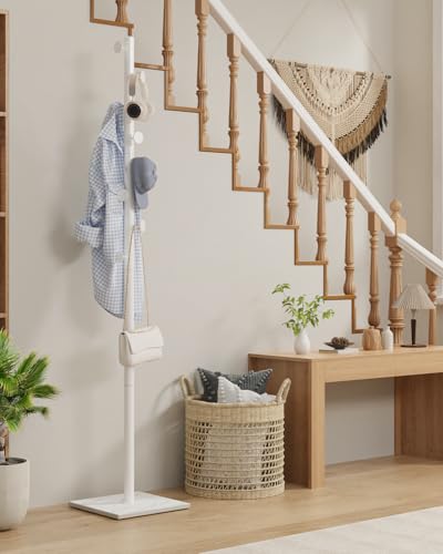 Coat Rack Freestanding, Clothing Rail with 8 Hooks, White | Small Standing Coat Hanger Stand with Heavy Rock Slab Base, Modern Metal Coat Tree with 8 Hooks for Bedroom, Office, Hallway - color: White