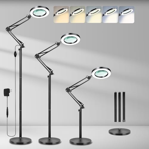 10X Large Floor Magnifying Glass with Light and Stand, 3-in-1 Adjustable Height Lighted Magnifier, 72 LED Floor Lamp 5 Color Stepless Dimmable Arm Swing Floor Magnifying Lamp for Reading - color: Black