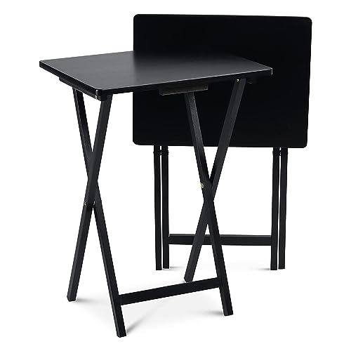 PJ Wood - Folding Wood TV Tray Table - Black 6-Piece Set | Solid Hardwood Construction, 19.09 x 14.57 x 26 in, 31.5 in Collapsed Length, No Assembly Required, Indoor Use
