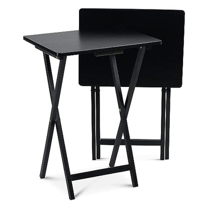 PJ Wood - Folding Wood TV Tray Table - Black 6-Piece Set | Solid Hardwood Construction, 19.09 x 14.57 x 26 in, 31.5 in Collapsed Length, No Assembly Required, Indoor Use