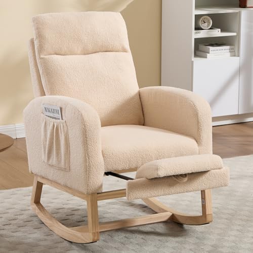 Rocking Chair Nursing, Rocker Chair with Footrest (Cream) | Teddy Boucle Upholstered Accent Reading Chair with High Back & Side Pocket for Living Room Bedroom Nursery Office - color: Cream