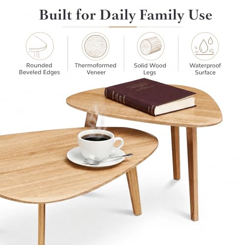 Nesting Coffee Table Set of 2-Mid Century Modern Coffee Table | Guitar Pick Stacking Tables with Solid Wood Legs,Small Coffee Tables for Small spaces,Living Room,Balcony - color: Natural