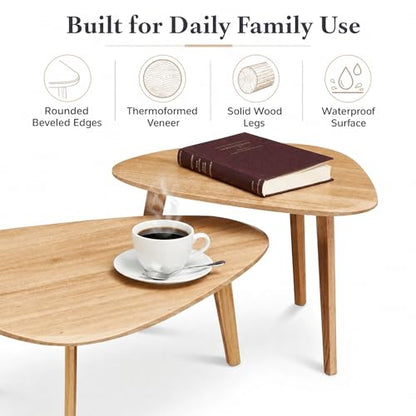 Nesting Coffee Table Set of 2-Mid Century Modern Coffee Table | Guitar Pick Stacking Tables with Solid Wood Legs,Small Coffee Tables for Small spaces,Living Room,Balcony - color: Natural
