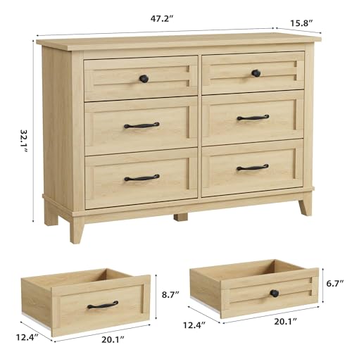 GarveeHome 6 Dresser for Bedroom, 47 in Wide Drawer Dresser with Storage Freestanding, Wooden Closet Storage Chest for Living Room, Bedroom, Entryway, Natural Oak - color: Natural Oak, size: 15.8"D x 47.2"W x 32.1"H (6 Drawers)