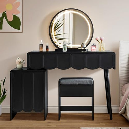 Vanity Desk with Mirror and Lights, Modern Wood Wave Panel Vanity Desk Set Makeup Table with Drawers and Cabinet, Dressing Table with Storage for Bedroom, Black - style: Black