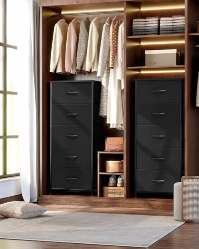 Tall Dresser Vertical Fabric Storage Tower Organizer, 5 Drawers(Black) | Sturdy Steel Frame, Wood Top and Easy Pull Handle, Space-saving Organizer for Clothes, Bedroom, Hallway, Entryway, Closets - color: Black, style: Narrow
