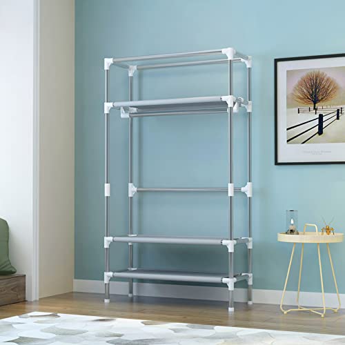 Portable Clothes Closet Rolling Door Wardrobe with Hanging Rack Non-Woven Fabric Storage Organizer with Three Drawer Boxes No-Tool Assembly - 35.4 x 17.7 x 67.0 ‘’ (Gray)
